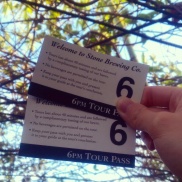 Our tickets for the tour of the Stone Brewery. $3 for the guide, a souvenir glass and tasters!