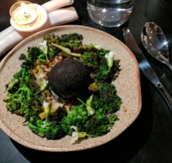 Broccoli with a Leek Ash covered Duck Egg at The Butternut Tree.